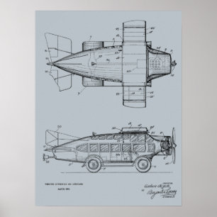1930年飛んでいる自動車航空機特許スケッチプリント ポスター