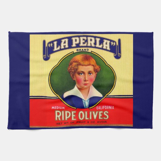 1930s LaPerla Olivesラベルプリント キッチンタオル (横)