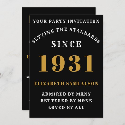 1931 90生まれth誕生日愛あなたの名前を追加ブラック 招待状 (正面/裏面)