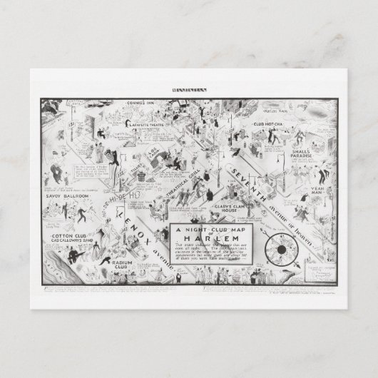 1933年ハーレムのナイトクラブの地図 ポストカード (正面)