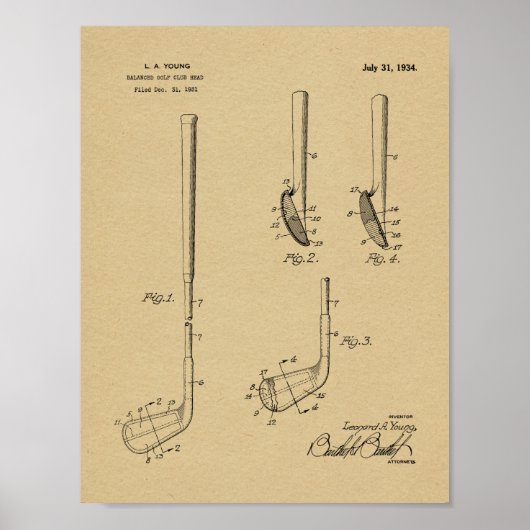 1934ゴルフクラブヘッド特許アートスケッチプリント ポスター (正面)