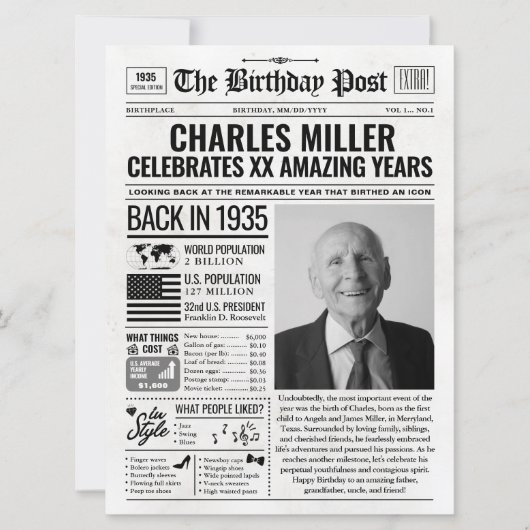 1935カスタム年新聞紙誕生日カードのトレンド シーズンカード (正面)