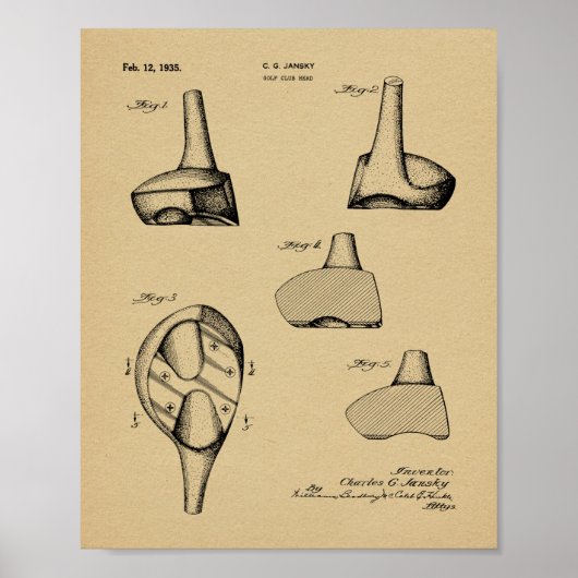 1935ドライバーゴルフクラブ特許アートスケッチプリント ポスター (正面)