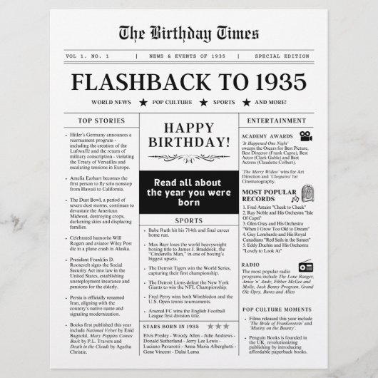 1935年誕生日新聞モノトーン (正面)