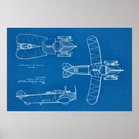 1935年飛んでいるカーボート飛行機特許スケッチプリント ポスター (正面)