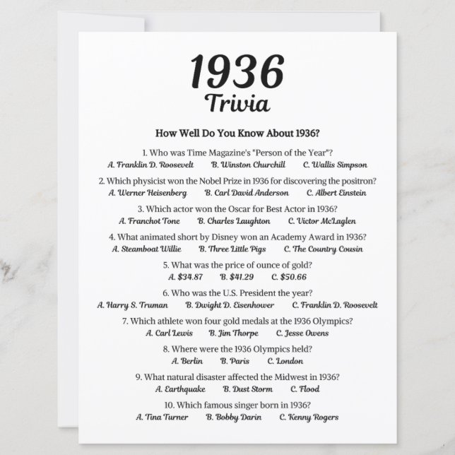 1936トリビアゲーム | 第89期誕生日パーティーゲーム (正面)