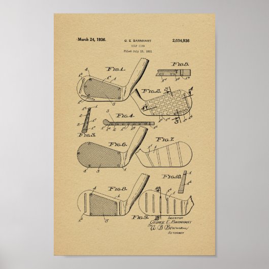 1936ヴィンテージゴルフクラブ特許アートプリント ポスター (正面)