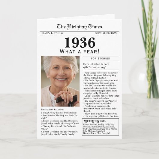 1936年の新聞の誕生日カード 90歳の誕生日 カード (正面)