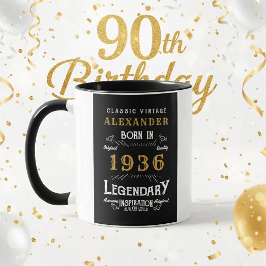 1936年生まれの90歳の誕生日を祝うヴィンテージ ブラック マグカップ