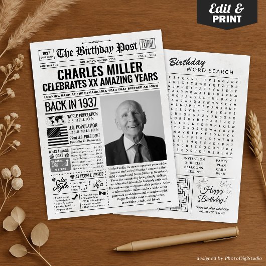 1937カスタム年新聞紙誕生日カードのトレンド シーズンカード