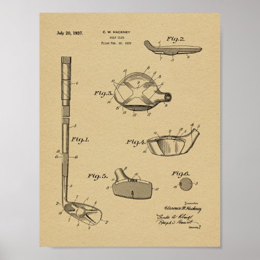 1937ゴルフクラブ特許アートスケッチプリント ポスター (正面)