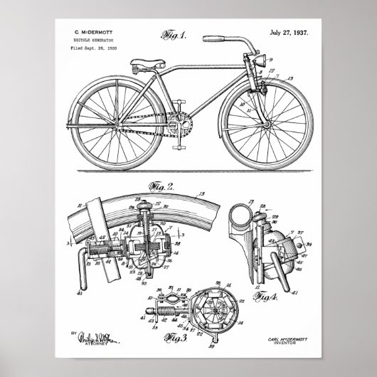 1937年自転車発電デザイン特許芸術プリント ポスター (正面)