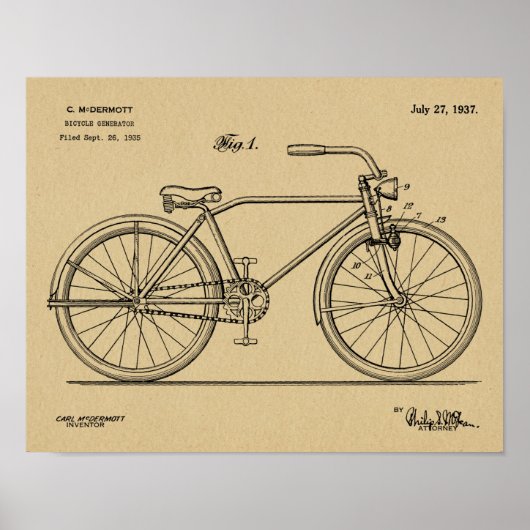 1937自転車ヘッドランプデザイン特許プリント ポスター (正面)