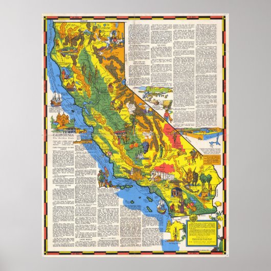 1938年 ヴィンテージ絵画風カリフォルニア地図ポスター ポスター (正面)