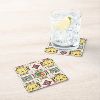 1940年代のキッチンパターン 黄色のティーポット付き スクエアペーパーコースター