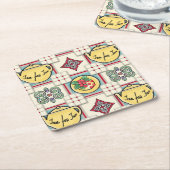 1940年代のキッチンパターン 黄色のティーポット付き スクエアペーパーコースター (アングル)
