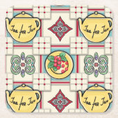 1940年代のキッチンパターン 黄色のティーポット付き スクエアペーパーコースター (正面)