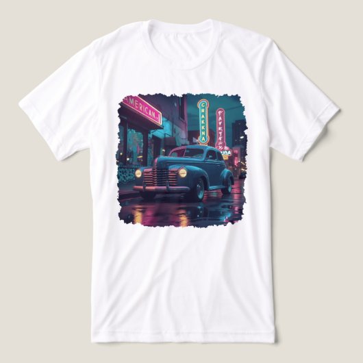 1940年代のクラシックカーとネオンの輝き トライブレンドTシャツ (デザイン正面)