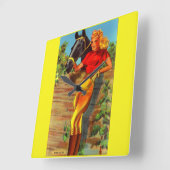 1940年代のピンアップギャルと馬 スクエア壁時計 (傾斜)