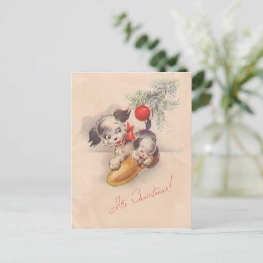 1940年代のヴィンテージそのクリスマスの子犬 シーズンポストカード (スタンド正面)