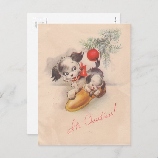 1940年代のヴィンテージそのクリスマスの子犬 シーズンポストカード (正面/裏面)