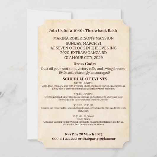 1940年代パーティー時代ヴィンテージ懐かしい10代の若者パーティー 招待状 (裏面)