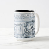 1940年代メンズウェア物置き窓アートブルー ツートーンマグカップ (正面右)