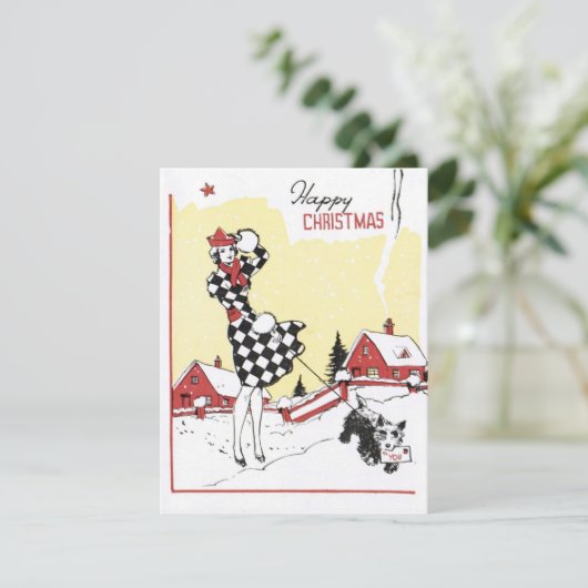 1940年代ヴィンテージハッピークリスマスガールと犬 シーズンカード (スタンド正面)