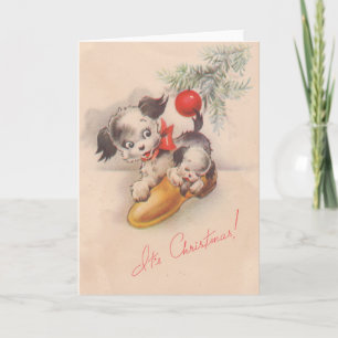 1940年代ヴィンテージ、クリスマスの子犬 シーズンカード