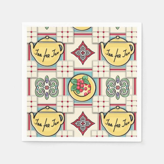 1940sキッチンパターンと黄色のティーポット スタンダードカクテルナプキン (正面)