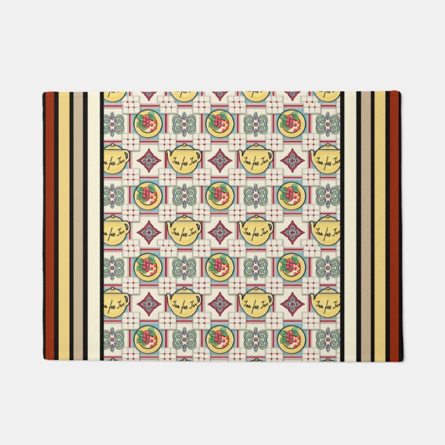 1940sキッチンパターンと黄色のティーポット ドアマット (正面)