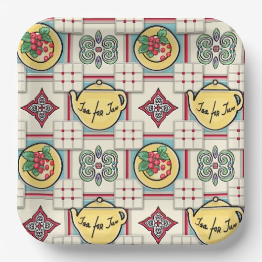 1940sキッチンパターンと黄色のティーポット ペーパープレート (正面)