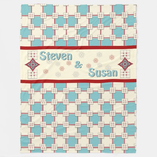 1940s層状タイル_Aqua,アイボリー，赤(パーソナライズされた) フリースブランケット (正面)