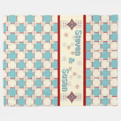 1940s層状タイル_Aqua,アイボリー，赤(パーソナライズされた) フリースブランケット (正面(横))