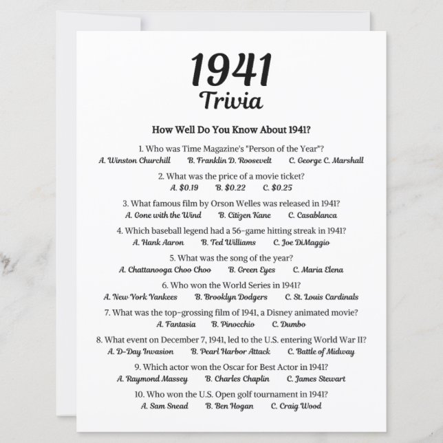 1941トリビアゲーム | 第84期誕生日パーティーゲーム (正面)