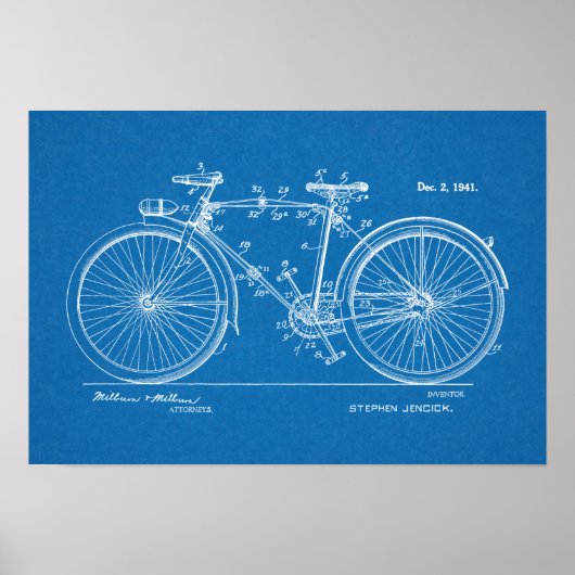1941ヴィンテージ自転車特許青写真アートプリント ポスター (正面)