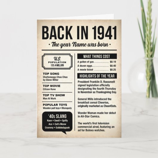 1941 Back in the Day, Fun Facts, 85th Birthday カード (正面)
