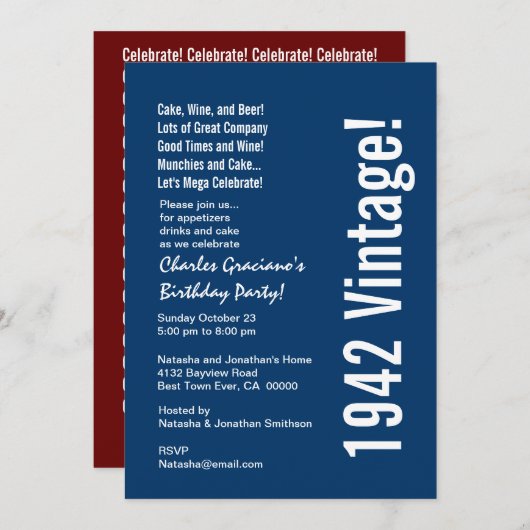 1942モダンヴィンテージ誕生日ブルーホワイトレッド 招待状 (正面/裏面)