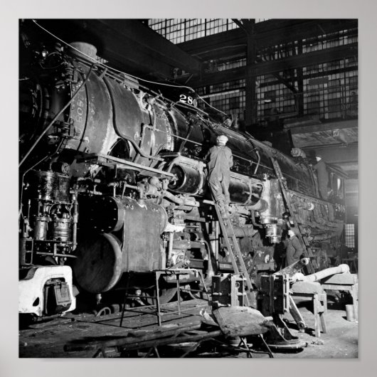 1942年の機関車工場での修理中の列車 ポスター (正面)