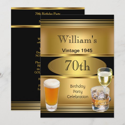 1945年生まれの男性のための70歳の誕生日パーティー ゴールドビール 招待状 (正面/裏面)