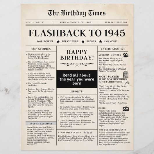 1945年 誕生日のためのモック新聞 セピア (正面)