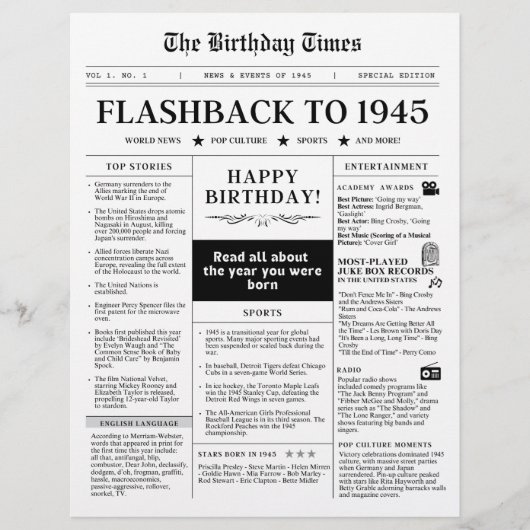 1945年 誕生日新聞(モック新聞) 白黒 (正面)