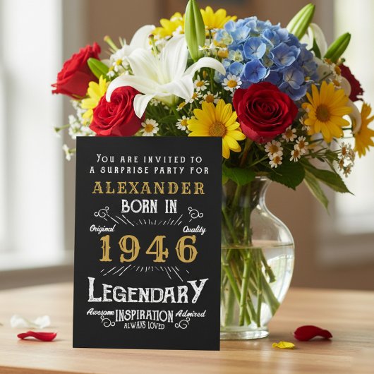 1946年生まれ 80歳誕生日 黒金 レトロ ヴィンテージ 招待状