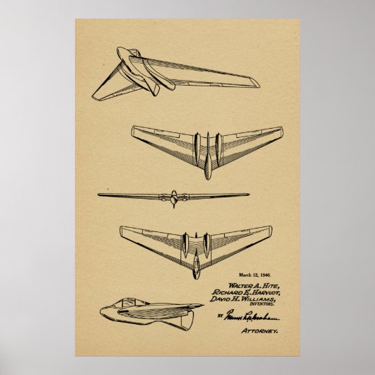 1946年飛んでいる翼航空機特許スケッチプリント ポスター (正面)