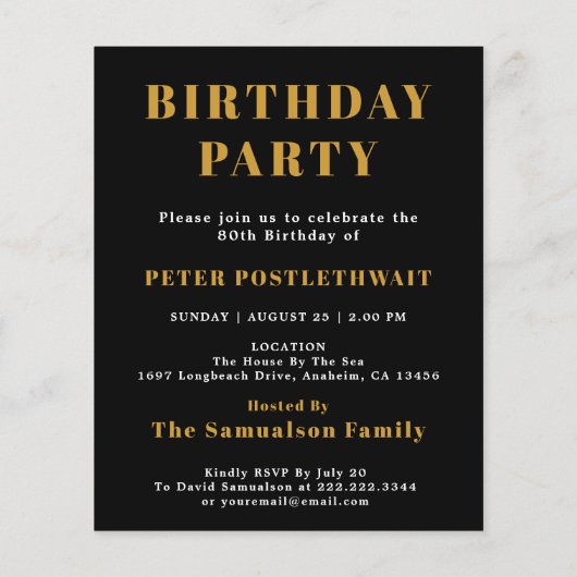 1946 Budget 80th Birthday Invitation Black Gold チラシ (裏面)