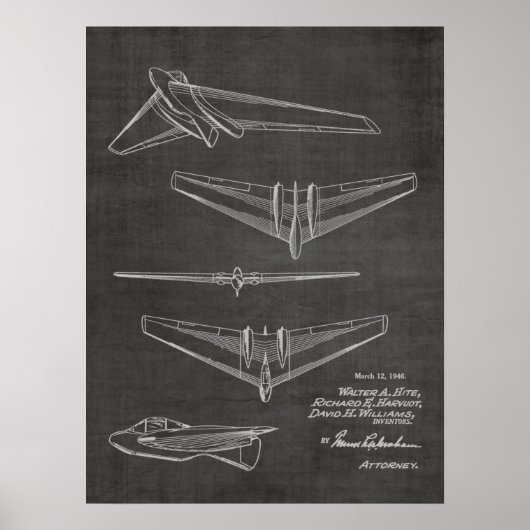 1946 Flying Wing Airplane Patent Art Drawing Print ポスター (正面)
