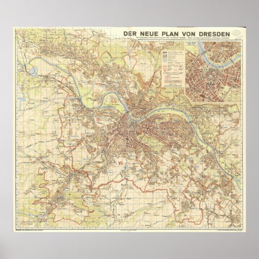 1947年ドレスデン市地図、ドイツの都市設計 ポスター (正面)