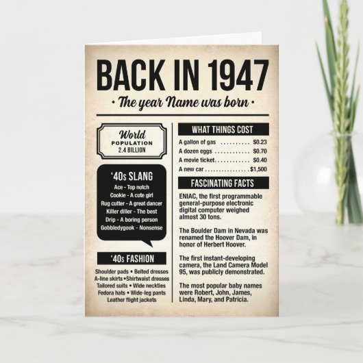 1947 当時のおもしろ事実 誕生日カード カード (正面)