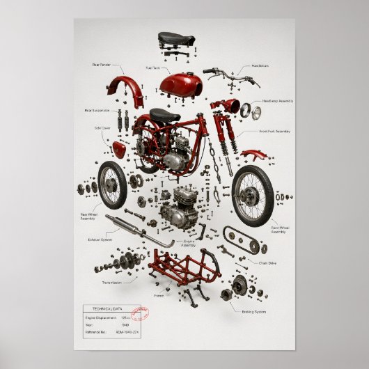 1949年製バイクの部品分解図プリント ポスター (正面)