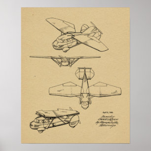 1949年飛んでいる自動車航空機特許スケッチプリント ポスター